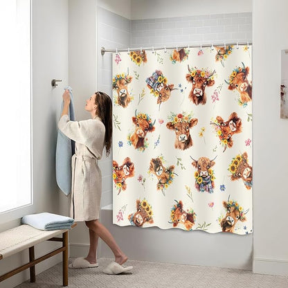 Highland Cow Shower Curtain, Sunflower Floral Wreath Cow Print Farmhouse & Country Style Fun Shower Curtain for Bathroom, Fabric Polyester Bathroom Curtains Set with Hooks, 72X72inch