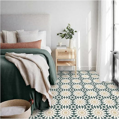 MORCART 40PCS 7.87" x 7.87" Peel and Stick Floor Tile, Green Floral Look | Self-Adhesive DIY Vinyl Flooring, Removable and Waterproof Tile Sticker for Bathroom, Kitchen, Wall, Bedroom, Stairs