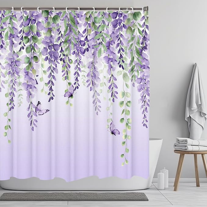 Purple Flower Shower Curtain, Lavender Vines Butterfly Shower Curtains for Bathroom, Farmhouse Bathtub Curtain Set, Lilac Floral Fabric Shower Curtains with 12 Hooks, 72X72 Inches