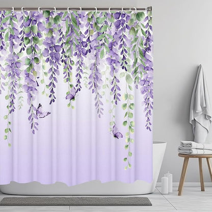 Purple Flower Shower Curtain, Lavender Vines Butterfly Shower Curtains for Bathroom, Farmhouse Bathtub Curtain Set, Lilac Floral Fabric Shower Curtains with 12 Hooks, 72X72 Inches
