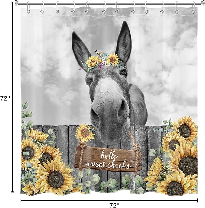HVEST Funny Donkey Shower Curtain Farmhouse Western Animal Shower Curtain Set with Hooks Vintage Sunflower Yellow Floral Bath Curtain for Bathroom Decor Accessories, 72X72 inches