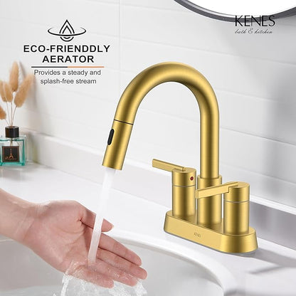 KENES Brushed Gold Centerset Bathroom Faucet with Pull Out Sprayer, 4 Inch 2 Handle Pull Down Bathroom Faucet 3 Hole, Bathroom Sink Faucet with Pop Up Drain & Supply Lines LJ-9069-4