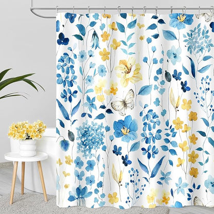 Blue Yellow Floral Shower Curtain, Cute Flower Fabric Shower Curtains for Bathroom, Watercolor Wildflower Butterfly Cloth Shower Curtain Set with Hooks, 72x72