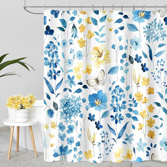Long Shower Curtain 72 x 78 Inch, Tall Blue Yellow Floral Shower Curtains for Bathroom, Watercolor Flower Butterfly Fabric Shower Curtain Set with Hooks