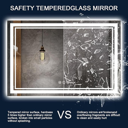 60x40 Inch LED Bathroom Mirror with Lights | Front and Backlit, 3 Colors, Dimmable, Memory, Anti Fog, Shatterproof, Horizontal/Vertical, Lighted Mirrors for Bathroom Wall