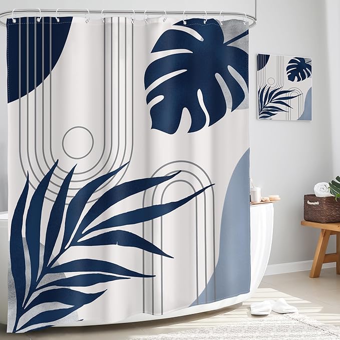Glawry Abstract Shower Curtain Blue Grey Mid Century Geometric Boho Palm Leaf Sun Arch Botanical Simple Bathroom Modern Aesthetic 60Wx72L Inches Bath Accessories Art Home Decor Fabric 12 Hooks