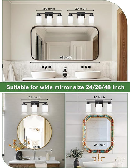DORESshop 20 Inch Bathroom Light Fixtures, 3-Light Black Bathroom Lighting Fixtures Over Mirror with Milk Glass Shade, Modern Vanity Lights for Hallway Bedroom, ETL Listed