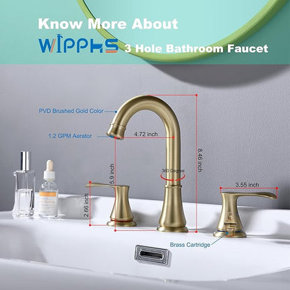 Bathroom Faucet for Sink 3 Hole with Pop Up Drain and cUPC Faucets Supply Hose, 2 Handle 8 inch Brass Widespread Bathroom Sink Faucet, Brushed Gold Basin Faucet Taps Mixer