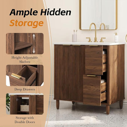 30 Inch Mid-Century Bathroom Vanity with SMC Sink (Walnut Style3, 30") | Dual Drawers & Fluted Soft-Closing Doors, Walnut Vanity Cabinet with Adjustable Shelf, Gold L-Shaped Handles, Solid Wood Legs
