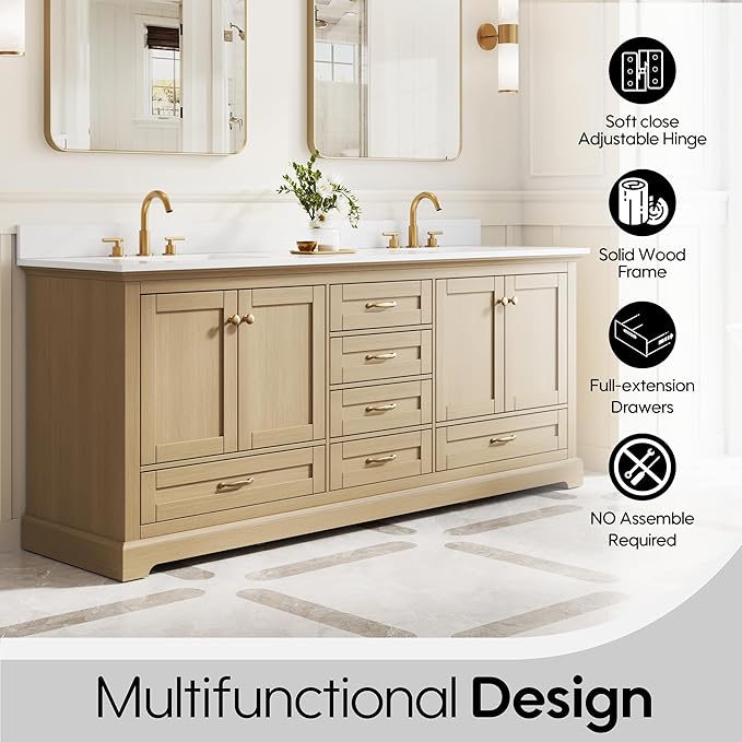 WELLFOR 80" Bathroom Vanity with Double Sinks, Bathroom Freestanding Vanity W/4 Soft-Close Doors and 6 Drawers, Large Storage Space Vanity, Cultured Marble Countertop (Oak)