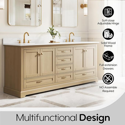 WELLFOR 80" Bathroom Vanity with Double Sinks, Bathroom Freestanding Vanity W/4 Soft-Close Doors and 6 Drawers, Large Storage Space Vanity, Cultured Marble Countertop (Oak)