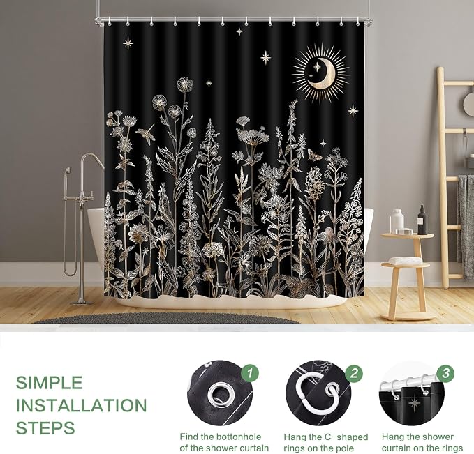 Shower Curtain Black Floral, Vintage Botanical Flowers Shower Curtain for Bathroom with Hooks, Polyester Waterproof shower curtain Machine Washable Farmhouse Home Decor Bath Curtain 72x72 Inch