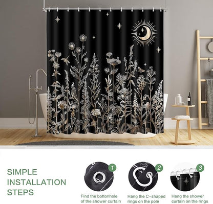 Shower Curtain Black Floral, Vintage Botanical Flowers Shower Curtain for Bathroom with Hooks, Polyester Waterproof shower curtain Machine Washable Farmhouse Home Decor Bath Curtain 72x72 Inch