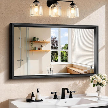 CIRCUMI 24"x40" Black Mirror with Chunky Box Metal Frame, Brushed Finish Rectangular Bathroom Mirrors for Over Sink, Living Room, Entryway, Tempered Glass Mirror for Wall, Vertical or Horizontal