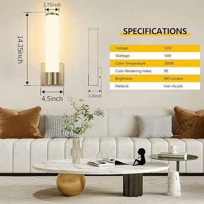 Kalium 14in Modern Wall Sconces, Dimmable Bathroom Vanity Lights,3000K Warm White LED Indoor Sconces Lighting for Bathroom, Stairs, Living Room, Bedroom. Hardwired.