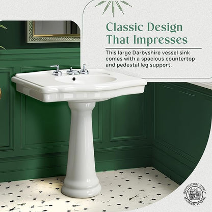 Renovators Supply Manufacturing Darbyshire 34"W x 22.5" D x 32" H Large Bathroom Pedestal Sink. Vitreous China with Overflow, 8 in. Widespread Faucet Holes