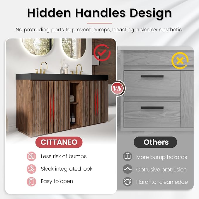 60 Inch Bathroom Vanity with Double Sink, Freestanding Double Sink Bathroom Vanity with Black Engineered Stone Top, Open Storage Cabinet & Adjustable Shelf, Walnut (3 Holes)
