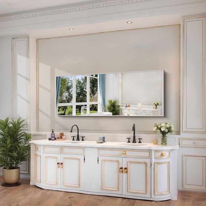 YIROMAN Bathroom Mirror 24"x60",Brushed Silver Bathroom Mirror for Over Sink with Aluminum Frame, Rectangular Vanity Mirror with Right Angle, Wall Mirror Hangs Horizontal or Vertical