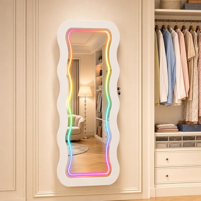 Fiqevs RGB Mirror Jewelry Cabinet, Remote Control LED Wavy Wall Door Mirror | Hanging Mirror with Storage, Full-Length, Lockable, Jewelry Organizer with Lighted Mirror, White Jewelry Armoire