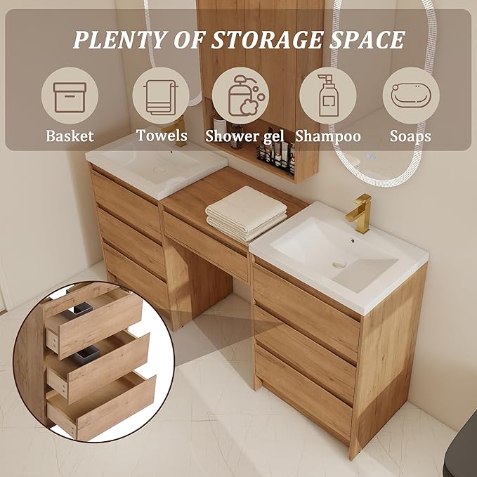 72" Bathroom Vanity Set, 72 Inch Modern Freestanding Vanity with 7 Drawers and Storage Cabinets, Double Resin Sink Floor Stand Cabinet Set Imitative Oak