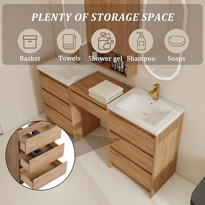 72" Bathroom Vanity Set, 72 Inch Modern Freestanding Vanity with 7 Drawers and Storage Cabinets, Double Resin Sink Floor Stand Cabinet Set Imitative Oak