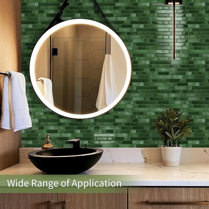 10 Sheets Thick Peel and Stick Kitchen Backsplash Tiles | 3D Waterproof Self Adhesive Wall Tile Stick on Backsplash for Kitchen,Bathroom and Fireplace(Green,12"×12")