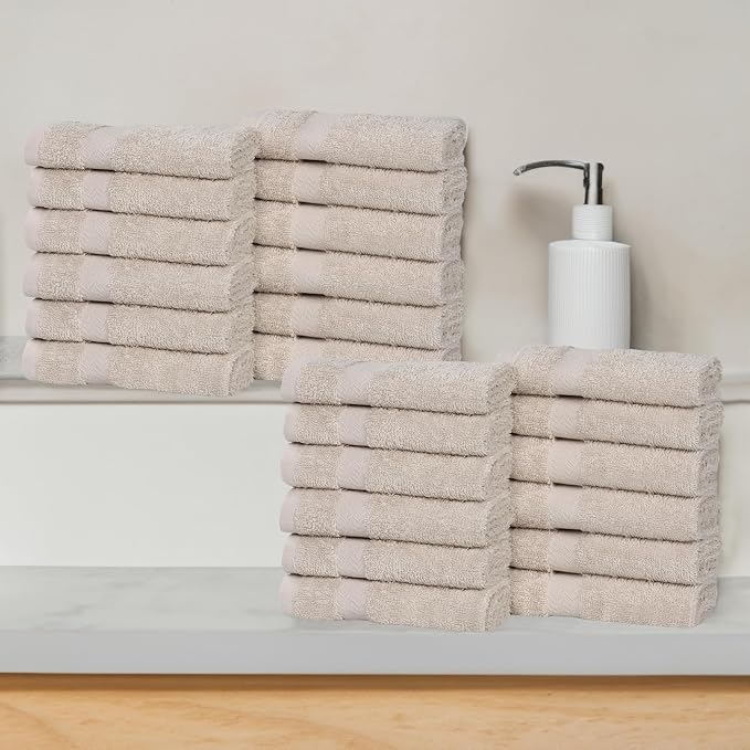 Superior 24-Piece Cotton Face Towel/Washcloth Set, Small Towels for Facial, Spa, Resort, Quick Wash, Gym, Resort, Bathroom Essentials, Master/Guest Bath Decor, Soft, Franklin Collection, Stone