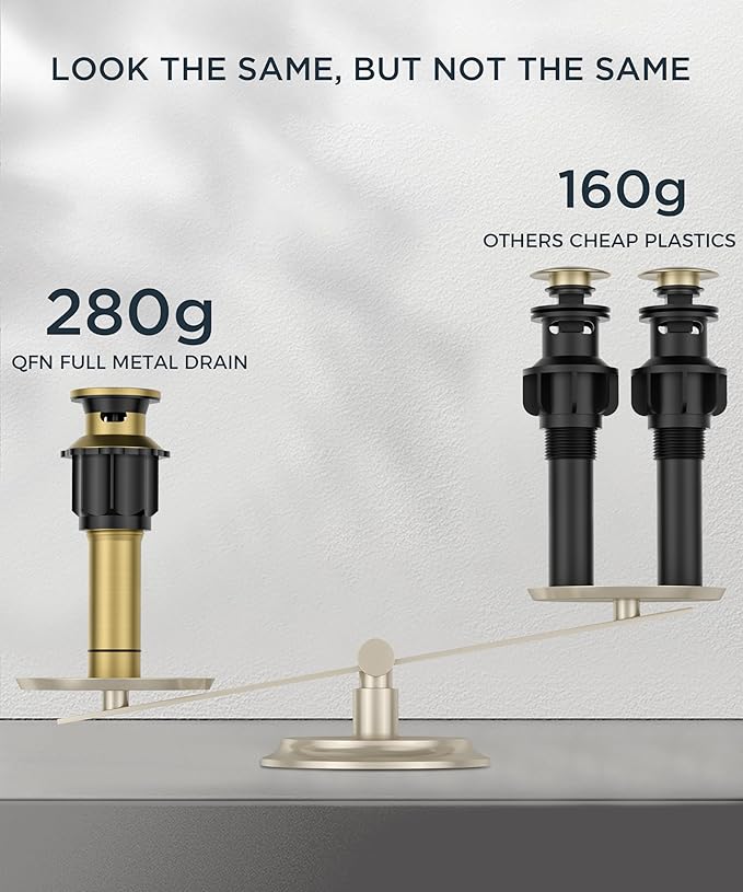 QFN Lead-Free Gold Bathroom Faucet 3 Hole, Square Bathroom Sink Faucet 8 Inch Widespread, 2 Handle for 6"-12" Vanity Sink with Metal Pop Up Drain and 24" cUPC Supply Hoses