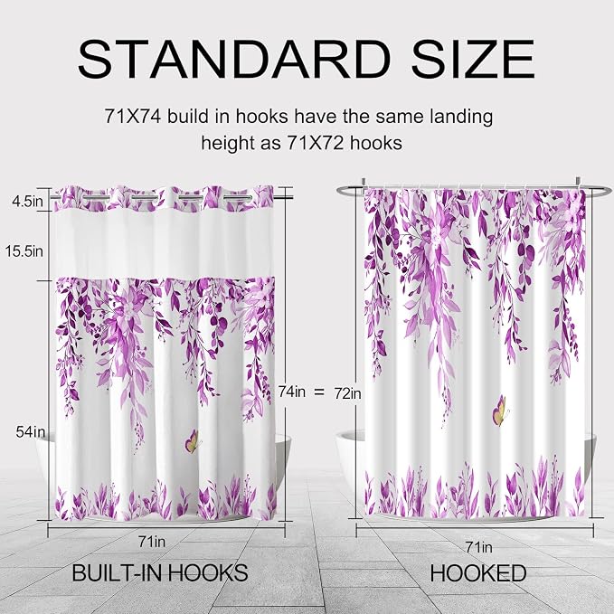 No Hook Shower Curtain and Liner Set, Purple Eucalyptus 71x74 | Floral Design, with Snap in Liner, Waterproof, Machine Washable, Quick-Drying, for Hotel Bathroom