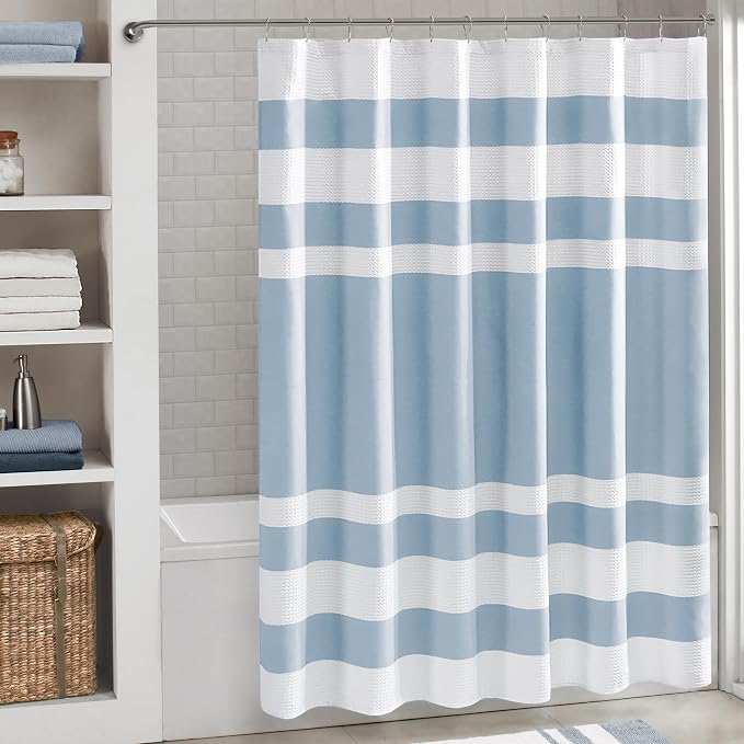 Madison Park Spa Waffle Weave Extra Wide Shower Curtain, 108 x 72, Blue | Striped, Pieced Fabric Design, 3M Scotchgard Moisture Management, Hotel Quality, Modern, for Bathroom, OEKO-TEX Certified