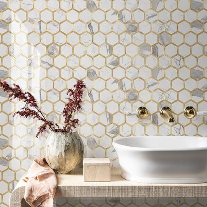STICKGOO Hexagon Peel and Stick Backsplash Tile, Stick on Backsplash for Kitchen and Bathroom, Glossy Carrara White PVC Mixed Metal Gold Self Adhesive Wall Tiles(10 Sheets, Seamless)