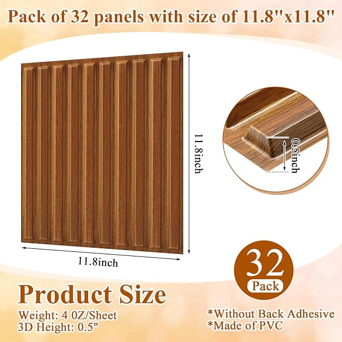Nuanchu 32 Pcs 3D Wall Panels, 12"x12" PVC Fluted Tiles, Walnut | Waterproof Accent Panels, Paintable Wall Tiles, for TV Background, Bedroom, Bathroom, Gaming Room, Cuttable Home DIY Decor