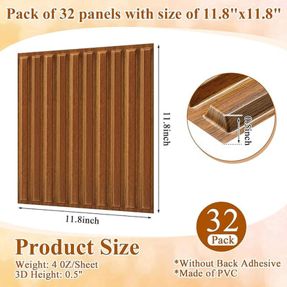 Nuanchu 32 Pcs 3D Wall Panels, 12"x12" PVC Fluted Tiles, Walnut | Waterproof Accent Panels, Paintable Wall Tiles, for TV Background, Bedroom, Bathroom, Gaming Room, Cuttable Home DIY Decor