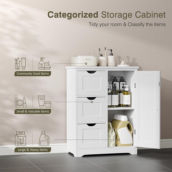SUPER DEAL Bathroom Storage Cabinet with 3 Drawers and 1 Door, Entryway Home Decor Furniture Towels Storage Organizer Unit, White