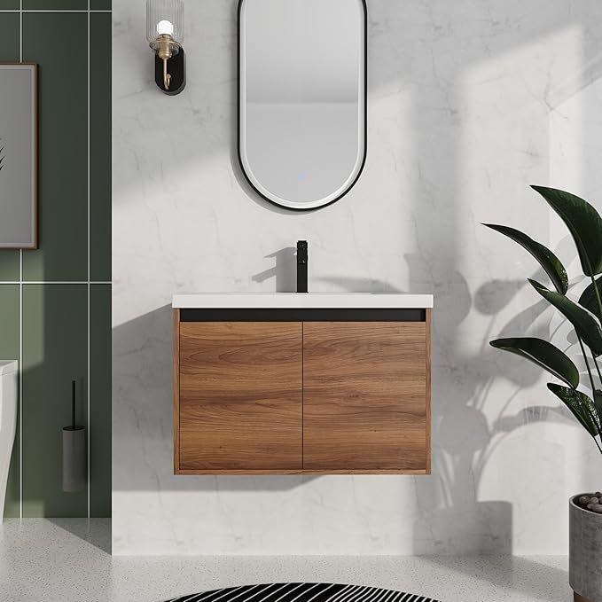 30 Inch Floating Vanity Bathroom,Bathroom Cabinet Vanity,Wooden Cabinet,Wall Mount Floating Vanity Set,Solid Wood Frame, Easy Clean,Brown