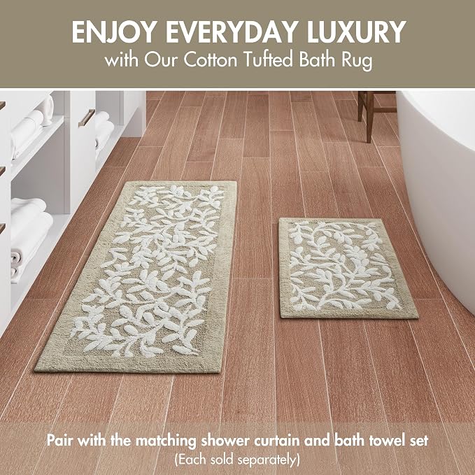 Madison Park Serene 100% Cotton Tufted Bathroom Rug-High & Low Tufting Floral Leaf Design, Quality Luxurious Plush Medium Pile Bath Mat Absorbent, Quick Dry, Shower Room Décor, 21x34 Taupe(Pack of 4)
