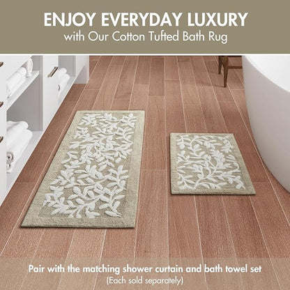 Madison Park Serene 100% Cotton Tufted Bathroom Rug-High & Low Tufting Floral Leaf Design, Quality Luxurious Plush Medium Pile Bath Mat Absorbent, Quick Dry, Shower Room Décor, 21x34 Taupe(Pack of 4)