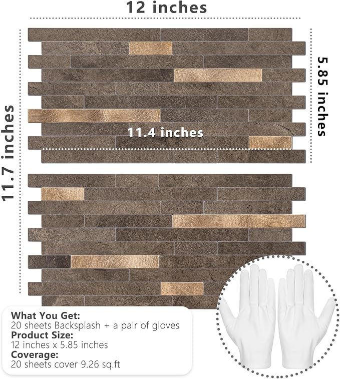 STICKGOO 20 Sheets Peel and Stick Backsplash Tile, Stick on Backsplash for Kitchen and Bathroom, Dark Brown Marble Look PVC Mixed Metal Gold Self Adhesive Wall Tiles