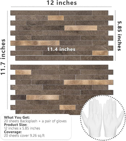 STICKGOO 20 Sheets Peel and Stick Backsplash Tile, Stick on Backsplash for Kitchen and Bathroom, Dark Brown Marble Look PVC Mixed Metal Gold Self Adhesive Wall Tiles