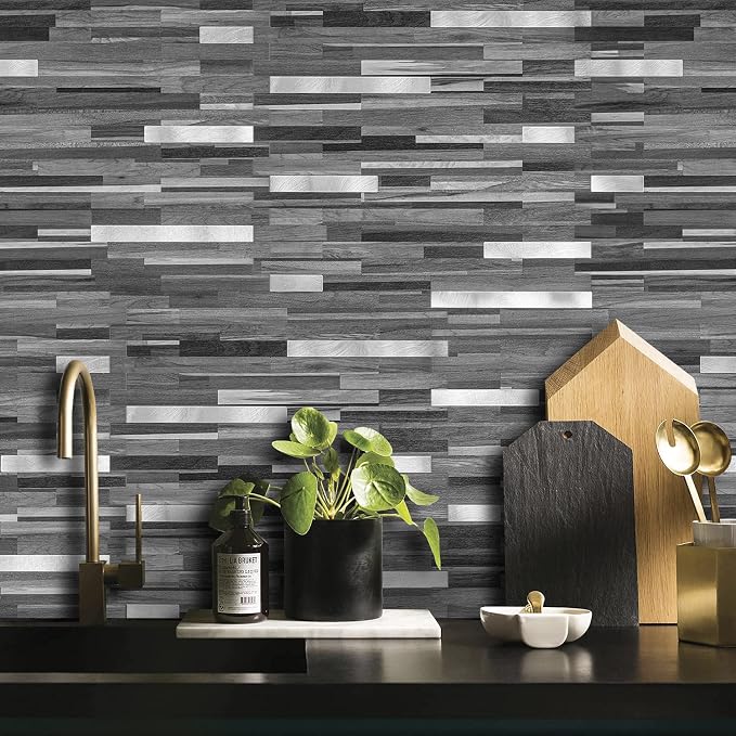 DICOFUN Peel and Stick Backsplash Tiles, Black & Grey Wood Look PVC Mixed Metal Stick on Backsplash Tiles, 1 Sheet