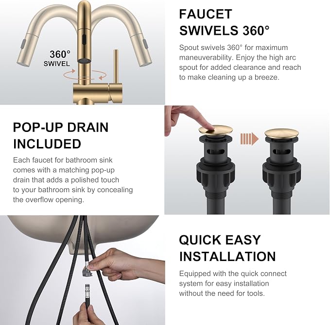 Champagne Bronze Pull Down Bathroom Faucet, 1 Handle Vanity Faucet | Bathroom Sink Faucet with Pop Up Drain & 6 Inch Deck Plate, Lead-Free cUPC & NSF Certified, 1 Hole Faucet for Vanity RV Bar