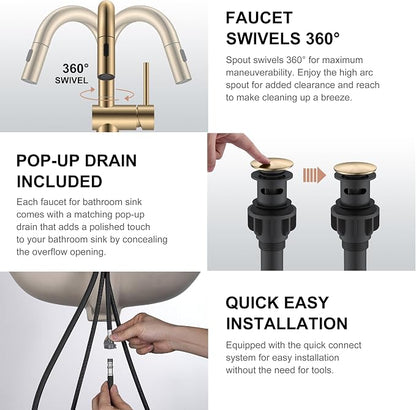 Champagne Bronze Pull Down Bathroom Faucet, 1 Handle Vanity Faucet | Bathroom Sink Faucet with Pop Up Drain & 6 Inch Deck Plate, Lead-Free cUPC & NSF Certified, 1 Hole Faucet for Vanity RV Bar