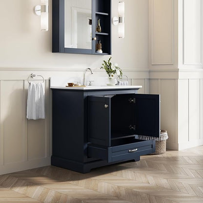 WELLFOR 36" Bathroom Vanity with Sink, Bathroom Freestanding Vanity W/ 2 Soft-Close Doors and 1 Soft-Close Drawers, Bathroom Cabinet Vanity with Cultured Marble Countertop (Navy Blue)