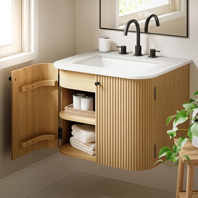 Modway Zia 24 inch Wall-Mount Bathroom Vanity in Natural with Marble Sink Basin - Floating Bathroom Cabinet with Fluted Design