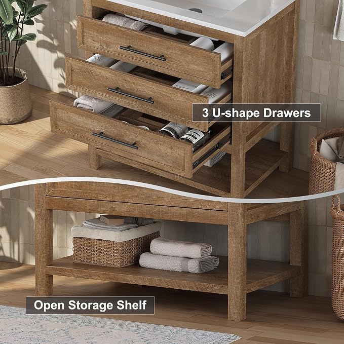 30 Inch Bathroom Vanity with Sink, Rustic Brown | Farmhouse Vanity Cabinet with durable SMC Resin Countertop, three soft-close full-extension drawers, and easy assembly