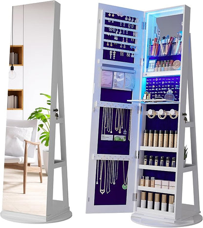 360° Swivel Jewelry Cabinet Organizer with Lights, Full Length Mirror with Jewelry Storage, Lockable Standing Jewelry Armoire Organizer, Mirror Jewelry Cabinet with Inside Makeup Mirror (White)