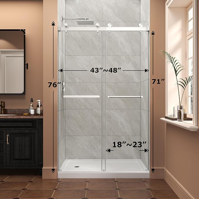 43"-48" W x 76" H Frameless Shower Door,Sliding Shower Door with 5/16"(8MM) SGCC Clear Tempered Glass,Reversible Installation,Nano Explosion-Proof Film,Waterproof Strip,for Bathroom,Brushed Nickel