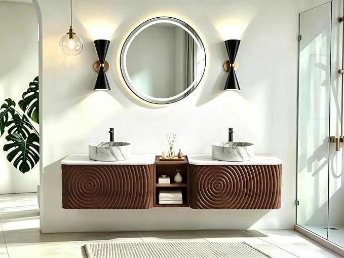 72" Floating Bathroom Vanity with Double Sink, Mid-Century Wall Mounted Bathroom Vanity Cabinet with Wood Waved Decor, Marble Ceramic Basin, Sintered Stone Top, Soft Close Drawer, Side Open Cube