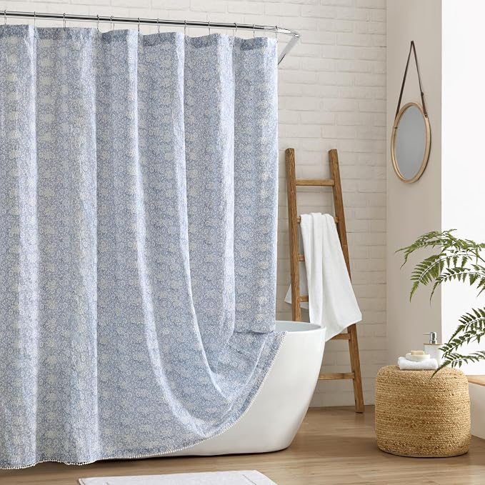 Peri Home Ikat Eyelet Cotton Shower Curtain 72 x 72 in Blue Ikat 1-Piece | Fabric, Bathroom