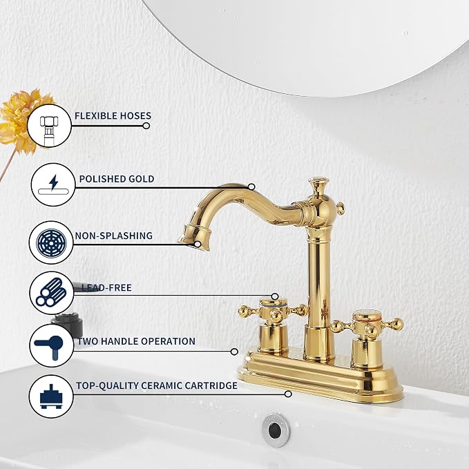 Bathroom Faucet Polished Gold GGStudy 2 Handles 4 Inches Centerset Bathroom Vanity with Drain Assembly and Supply Hose Lavatory Faucet Mixer Double Handle Tap